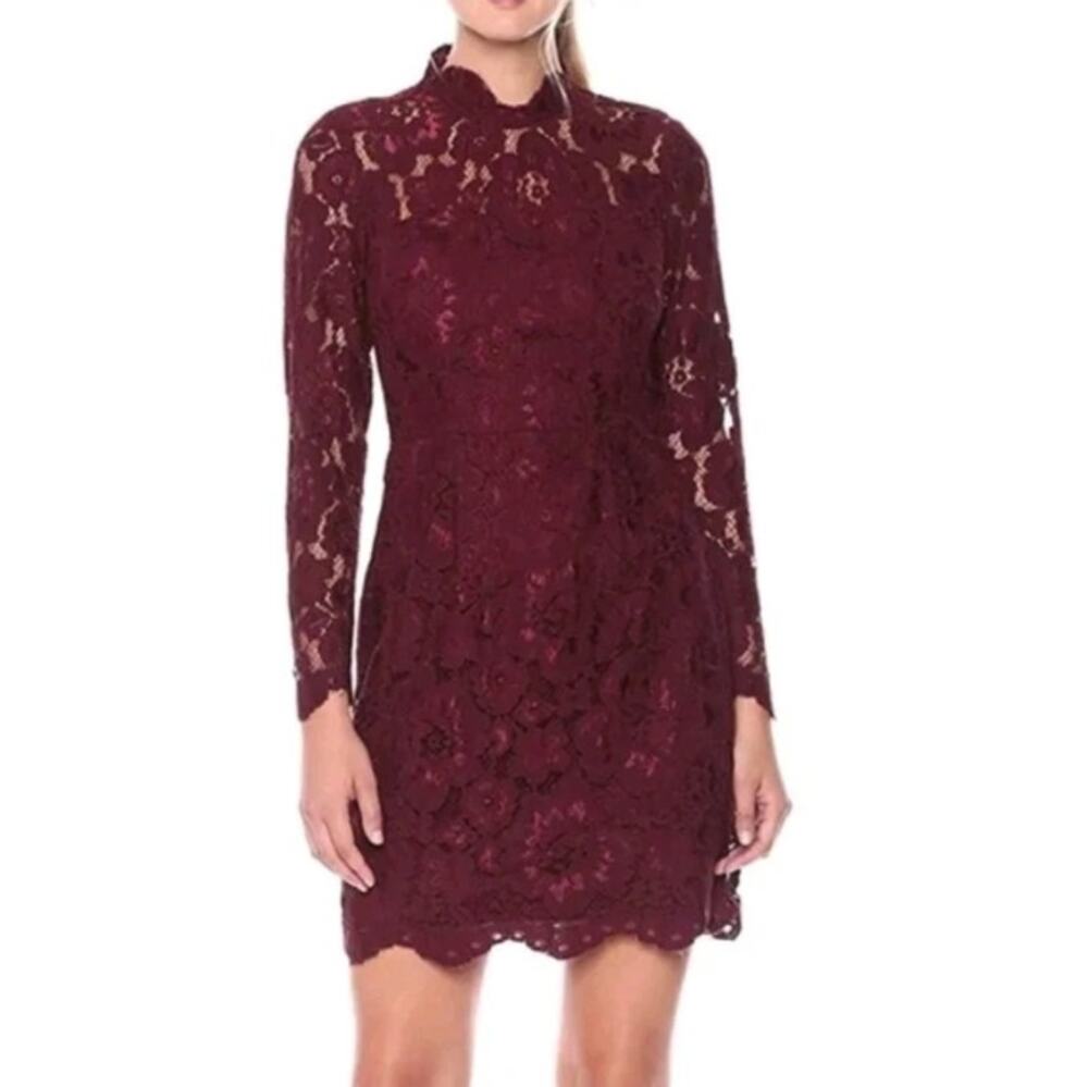 Betsey Johnson Women’s Lace Overlay Floral Sheath Long Sleeves Dress Size 6 Wine